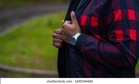 Checkered Bomber Jacket And Silver Watch