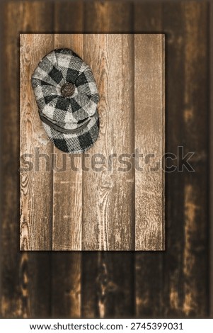 A checkered cap hangs on a rustic wooden wall. The parallel wooden planks create a contrasting texture against the soft fabric.