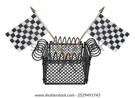 Checkered flags and Prison yard surrounded by barbed wire to show quick prison time
