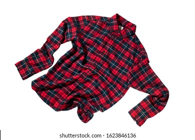 Checkered flannel shirt isolated on white. Textile wears object. Fying in air concept