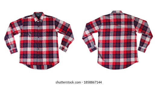 Checkered Flannel Shirt. Men's Gingham Long Sleeve Shirt, Front View Shirt. New Red Plaid Cotton Shirt With Blank Label Isolated On White Background. 