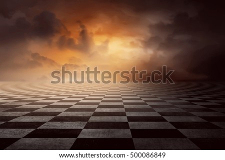 Checkered ground with sunset sky and cloud on the sky