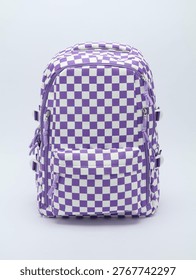 Checkered pattern school backpack with multiple compartments