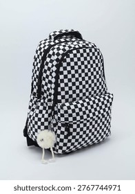 Checkered Pattern School Backpack on a gray background