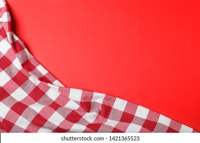 Checkered Picnic Blanket On Color Background, Top View. Space For Text