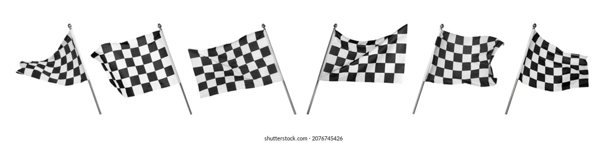 Banderas de acabado de carreras a cuadros sobre fondo blanco, collage. Diseño de pancartas