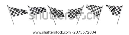 Checkered racing finish flags on white background, collage. Banner design