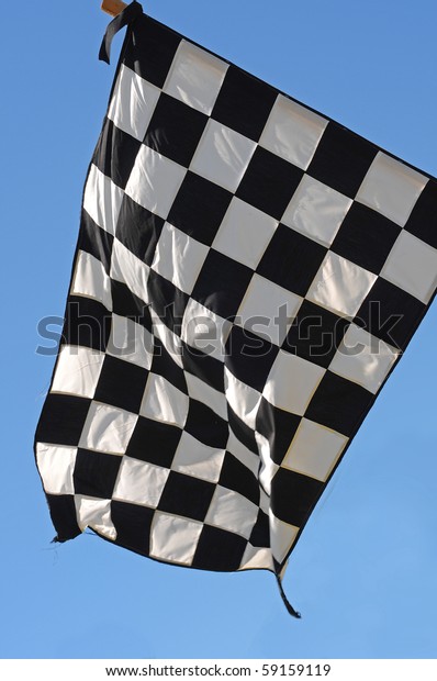 A checkered racing flag with a blue sky in\
the background.