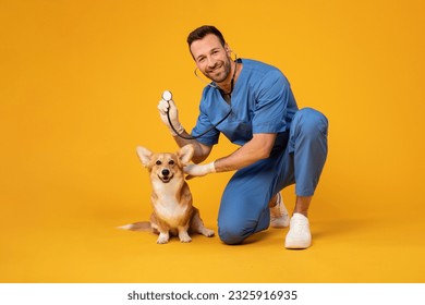 Checking the breath. Male veterinarian in work uniform listening to the breath of a small dog with a phonendoscope in veterinary clinic. Pet care concept - Powered by Shutterstock