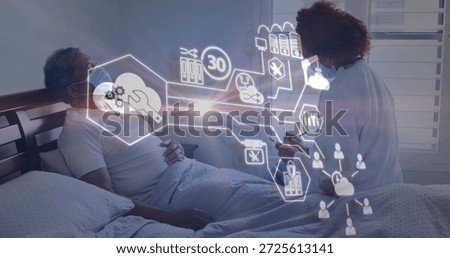 Checking caregiver in white coat using tablet at bedside with both masked, digital UI, copy space. Telemedicine, remote monitoring, patient, senior, homecare, bedroom, clinician