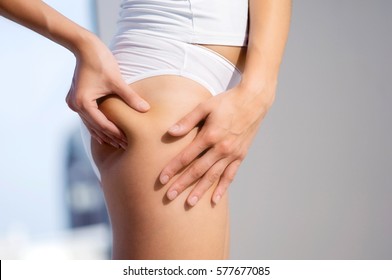 Checking Cellulite, Woman Hip, Close Up Of Beautiful Female Body Legs Belly, 