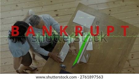 Checking couple in buttonup shirt and blouse viewing papers at home desk, BANKRUPT wave, copy space. Finances, office, overhead, monitor, documents, tablet, wooden