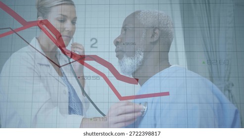 Checking Dr using steth on patient in light-blue gown in clinic with fin-overlay and redline. Healthcare, clinician, stethoscope, data, visualization, diagnostics, downtrend