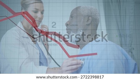 Checking Dr using steth on patient in light-blue gown in clinic with fin-overlay and redline. Healthcare, clinician, stethoscope, data, visualization, diagnostics, downtrend