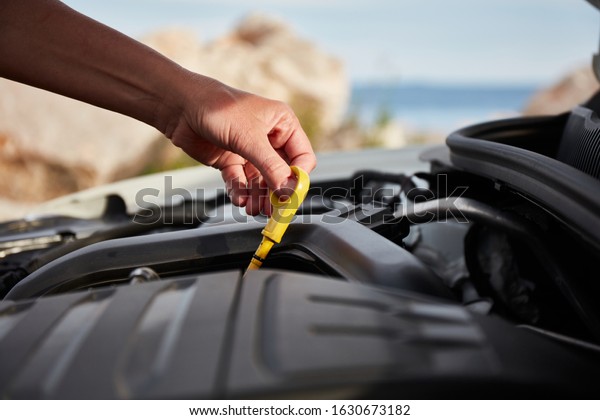 Checking engine oil. A woman\'s hand holding\
an oil bayonet in a modern popular car during a holiday trip. The\
sea is visible in the\
background.