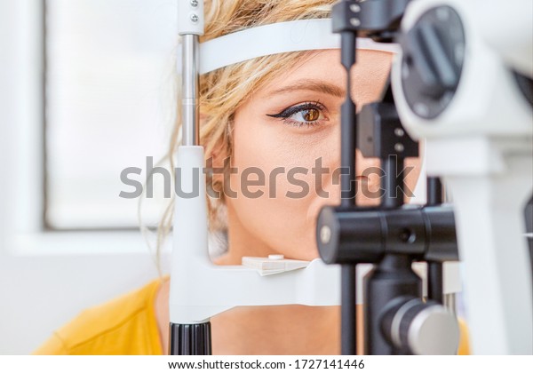 Checking eyesight with Slit lamp,\
examination of the eyes in an ophthalmology\
clinic