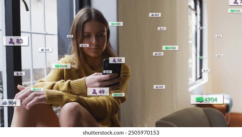 Checking smartphone, woman surrounded by social media notifications and follower counts image. Technology, followers, connectivity, digital, internet, interaction