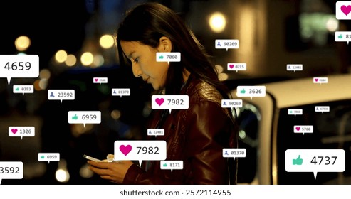 Checking smartphone, woman surrounded by social media likes and follower count image. Technology, followers, digital, networking, connected, influencer - Powered by Shutterstock - Get 15% off with code: PIKWIZARD15