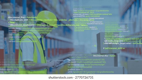 Checking tablet, worker wearing yellow hardhat, vest in aisle with boxes, green code, copy space. Warehouse, logistics, safety, fulfillment, inventory, automation, racks