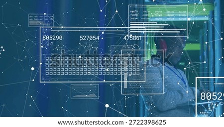 Checking tech adjusting server racks at data center, in light sweater, lanyard, headset, copy space. Holographic, hud, network, visualization, telemetry, maintenance, focus