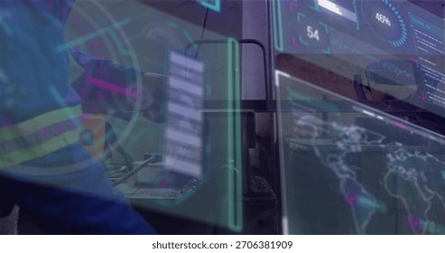 Checking tech in blue hivis jacket, reflective-tape, monitoring HUD at control room, copy space. Technician, operator, monitors, overlays, dashboards, screens, worldmap