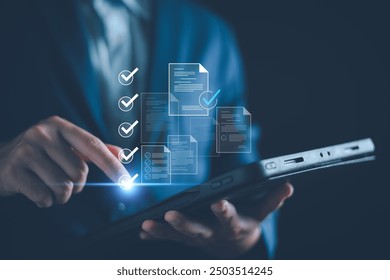 Checklist business performance monitoring concept, Business using tablet online survey filling out check digital form task, online survey question form, target marketing planning with quality control