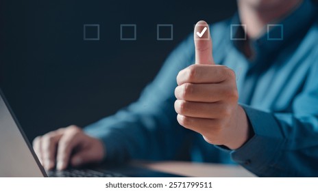 checklist, checkbox, document, plan, tick, choose, check, choice, approval, agreement. A man is giving a thumbs up on a laptop screen. The thumbs up symbolizes approval or agreement.