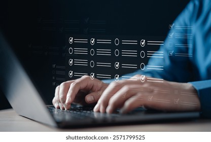 checklist, checkbox, document, plan, tick, choose, check, choice, checkmark, option. A person is typing on a laptop with a screen displaying a lot of check marks.