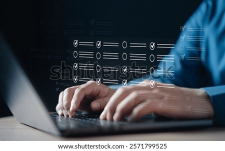 checklist, checkbox, document, plan, tick, choose, check, choice, checkmark, option. A person is typing on a laptop with a screen displaying a lot of check marks.