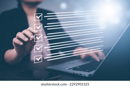 checklist and clipboard task documentation management, business people working laptop checklist questionnaire assessment form, online survey online exam Choosing the right answer in the exam 