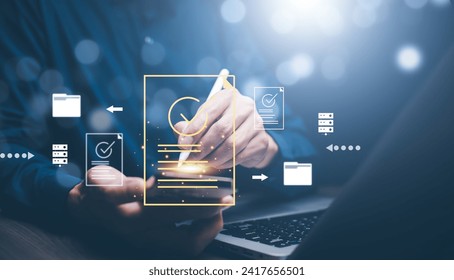 checklist and clipboard task documentation management, online survey form, answer the test questions. Human resources and management concept.