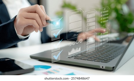 checklist and clipboard task documentation management, business people working laptop checklist questionnaire assessment form, online survey online exam Choosing the right answer in the exam