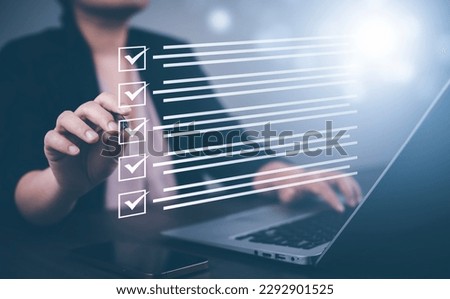 checklist and clipboard task documentation management, business people working laptop checklist questionnaire assessment form, online survey online exam Choosing the right answer in the exam 