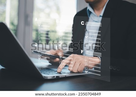 checklist and clipboard task documentation management, business people working laptop checklist questionnaire assessment form, online survey online exam Choosing the right answer in the exam 