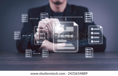 checklist and clipboard task documentation management, business people working laptop checklist questionnaire assessment form, online survey online exam Choosing the right answer in the exam 