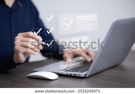 checklist and clipboard task documentation management, business people working laptop checklist questionnaire assessment form, online survey online exam Choosing the right answer in the exam 