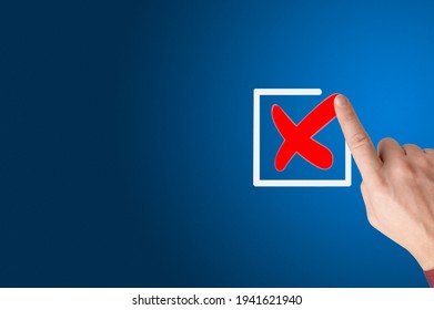 Checklist Concept, Businessman Checking Mark On The Check Boxes With Marker Red, Hand With A Finger Draws A Check Mark In Place For Marks. Human Hand Checking The Checklist Box. Copy Space