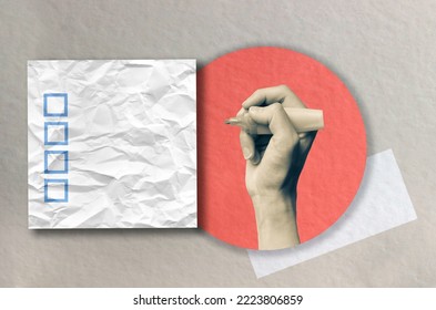 Checklist concept. Modern art collage. A hand holds a marker. Questionnaire layout. Retro style. - Shutterstock ID 2223806859