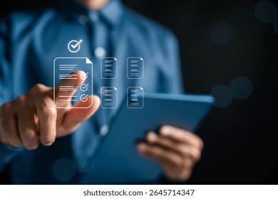 Checklist document with approval mark, document validation, quality control, and completed workflow on digital tablet. Perfect for business, audit, or certification visuals.