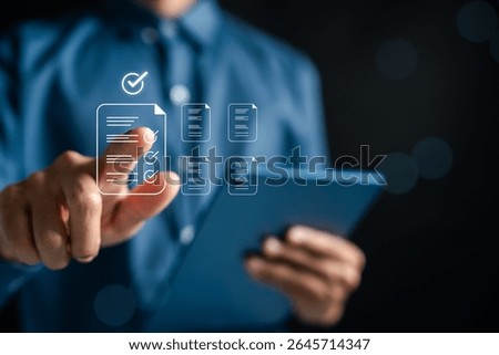 Checklist document with approval mark, document validation, quality control, and completed workflow on digital tablet. Perfect for business, audit, or certification visuals.