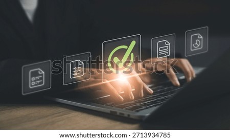 Checklist and document approval system with digital interface. Highlighting task completion, daily workflow, and data validation in modern business management.