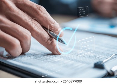 Checklist management plan. Tick answer on checkbox. Plan by check the list report and progress. A person is writing on a piece of paper with a pen. The paper has a checkmark on it.