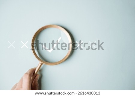 Checklist management plan. Tick answer on checkbox. Plan by check the list report and progress. A person holding a magnifying glass with a check mark on it. The check mark is surrounded by x.