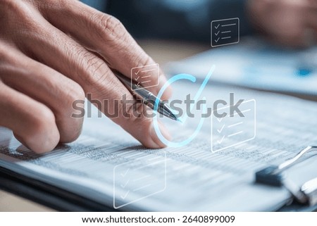 Checklist management plan. Tick answer on checkbox. Plan by check the list report and progress. A person is writing on a piece of paper with a pen. The paper has a checkmark on it.