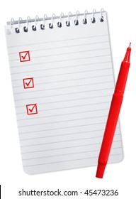 Checklist on spiral notepad, with red felt pen.