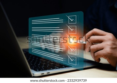 Checklist Online Documentation data Management. Businessman using digital check sheet and checklist mark on document online. productivity checklist and filling survey form online.