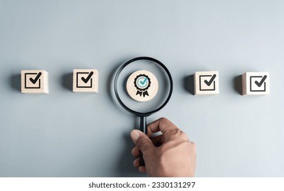 Checklist Quality management with Quality Assurance approval guarantee symbol and improvement. Standardization certification. Compliance to regulations service and standards.