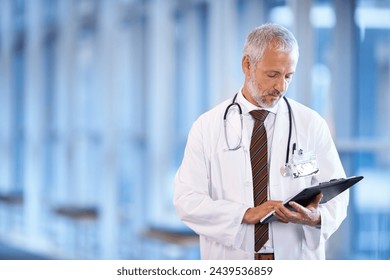 Checklist, serious doctor and man reading in hospital for healthcare, wellness and notes. Clipboard, medical professional and mature surgeon with paperwork, results and report on chart in clinic - Powered by Shutterstock