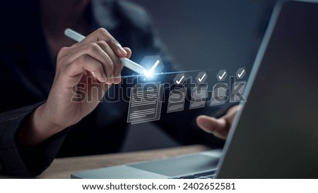 Checklist summary report form and document Management system (DMS) concept. Online survey form completion Corporate business technology.