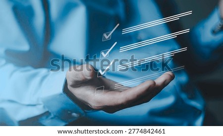 Checklist and task completion, workflow management, task tracking, business process control, productivity improvement and project completion in corporate system. digital verification marks.